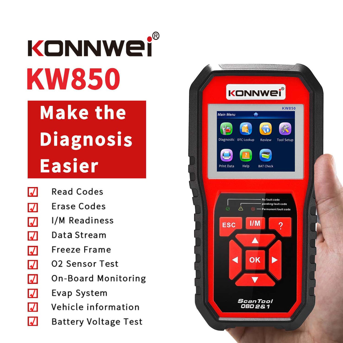 Professional KW850 OBD2 Code Reader SCANNER | Check Engine Light & Car Fault Detector