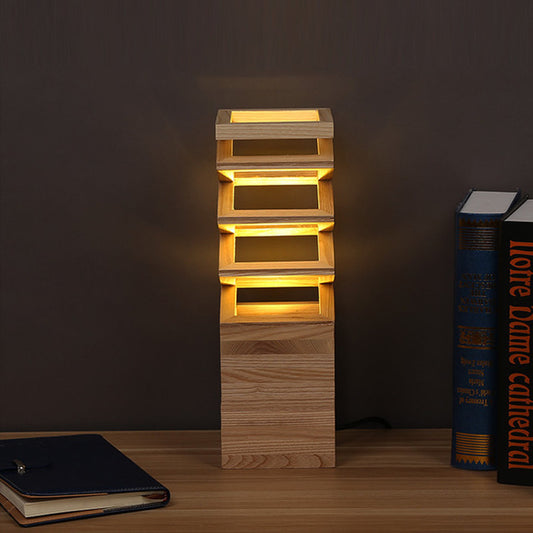 Solid Wood Table Lamp - Creative Geometric Base